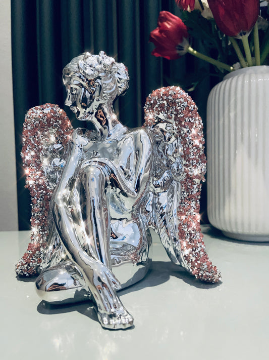 Electroplated Sitting Angel With Crystal Wings Pink & Silver