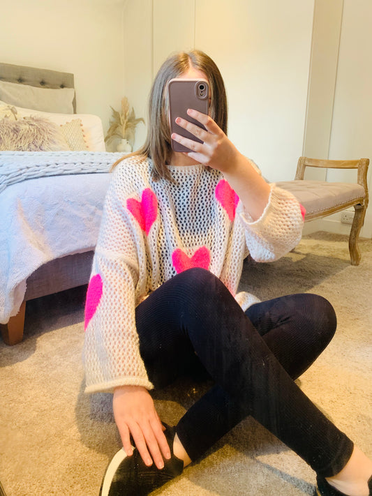 Knitted Pink Heart Jumper Cream
