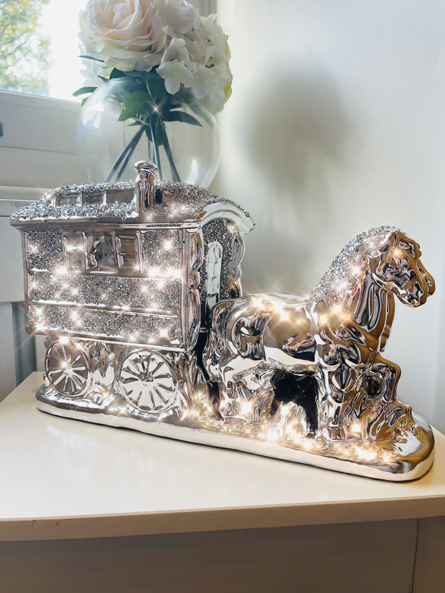 Electroplated Crystal Horse & Wagon