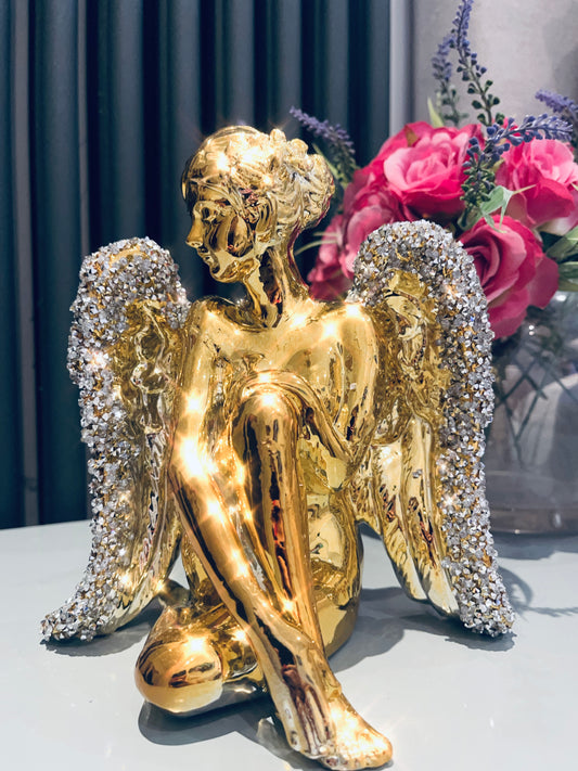Electroplated Sitting Angel With Crystal Wings Gold