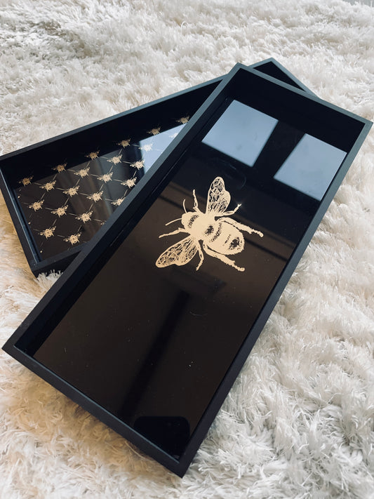 Gold Detailed Bee Tray Black - Set of 2