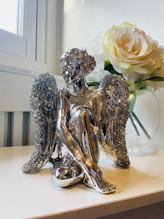 Electroplated Sitting Angel With Crystal Wings