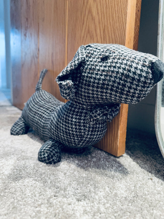 Grey Houndstooth Dachshund Doorstop