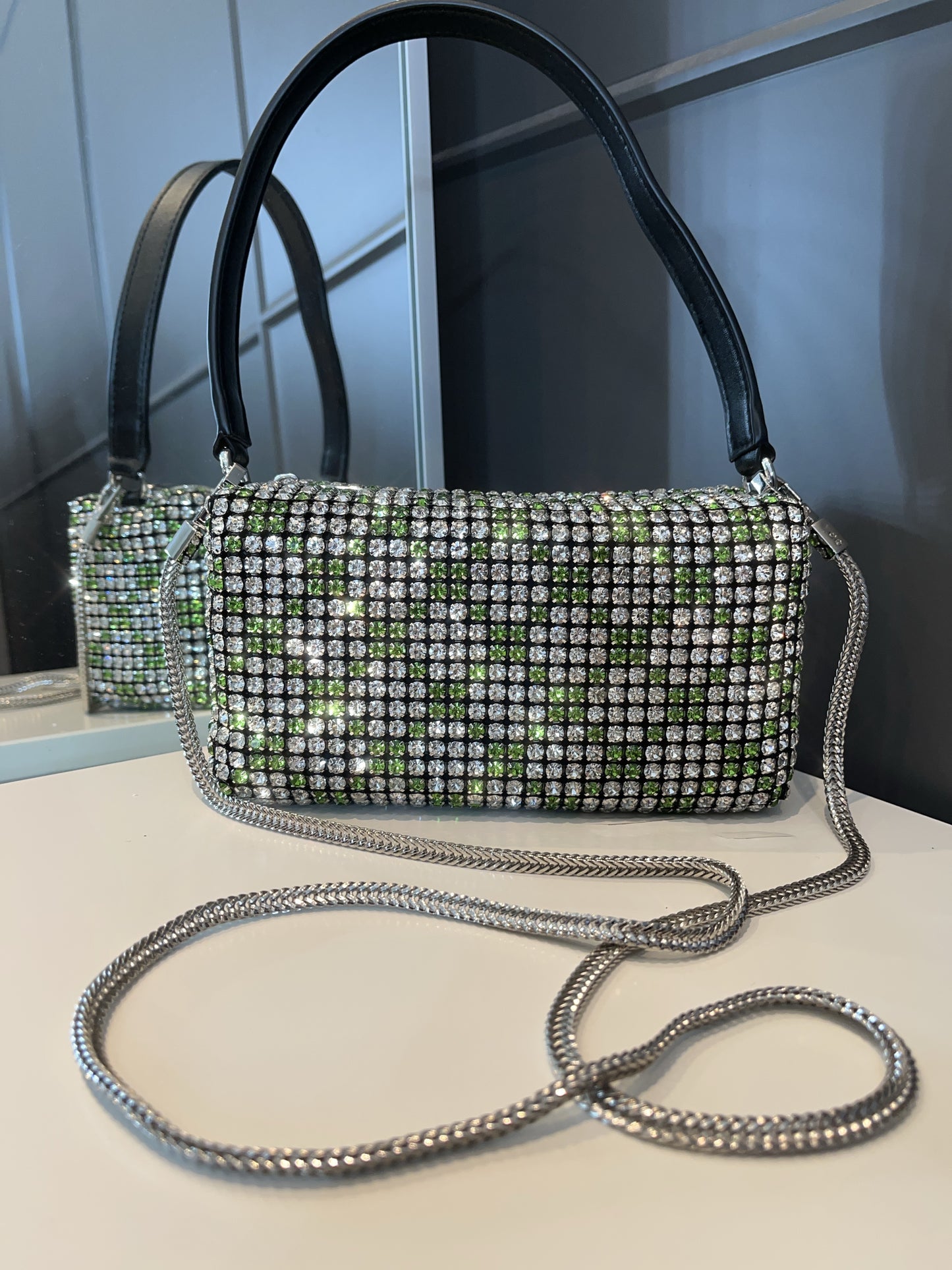 Diamante Kriss Kross Handbag Green & Silver