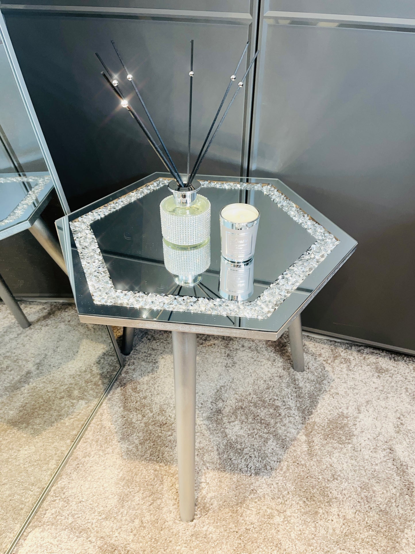 Flawed Mirrored Crystal Hexagon Table Xtra Large