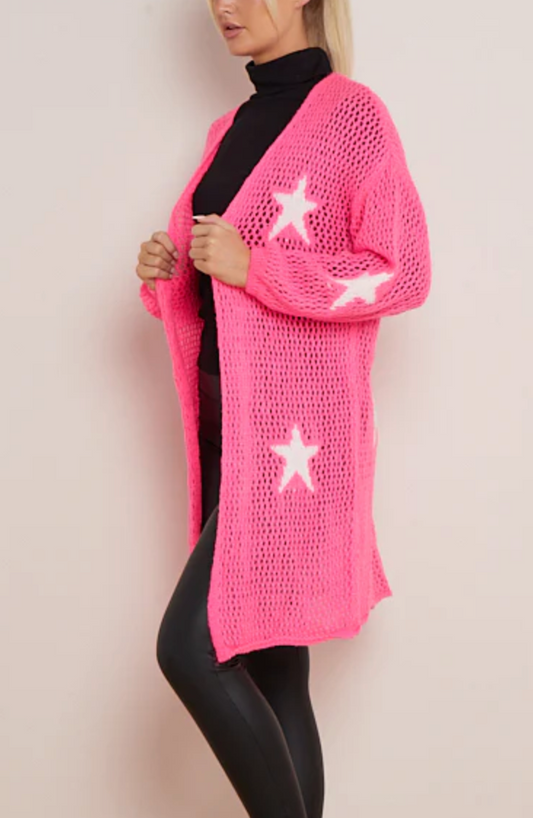 Knitted Star Long Cardigan Pink