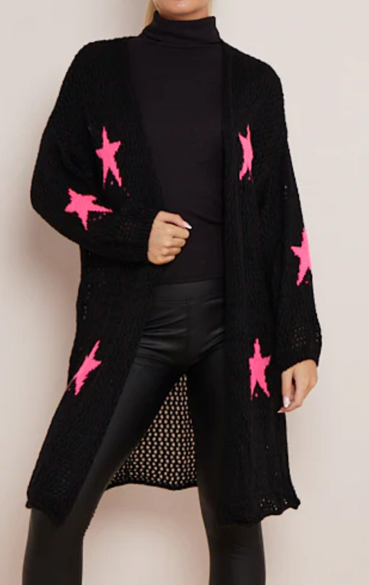 Knitted Star Long Cardigan Black
