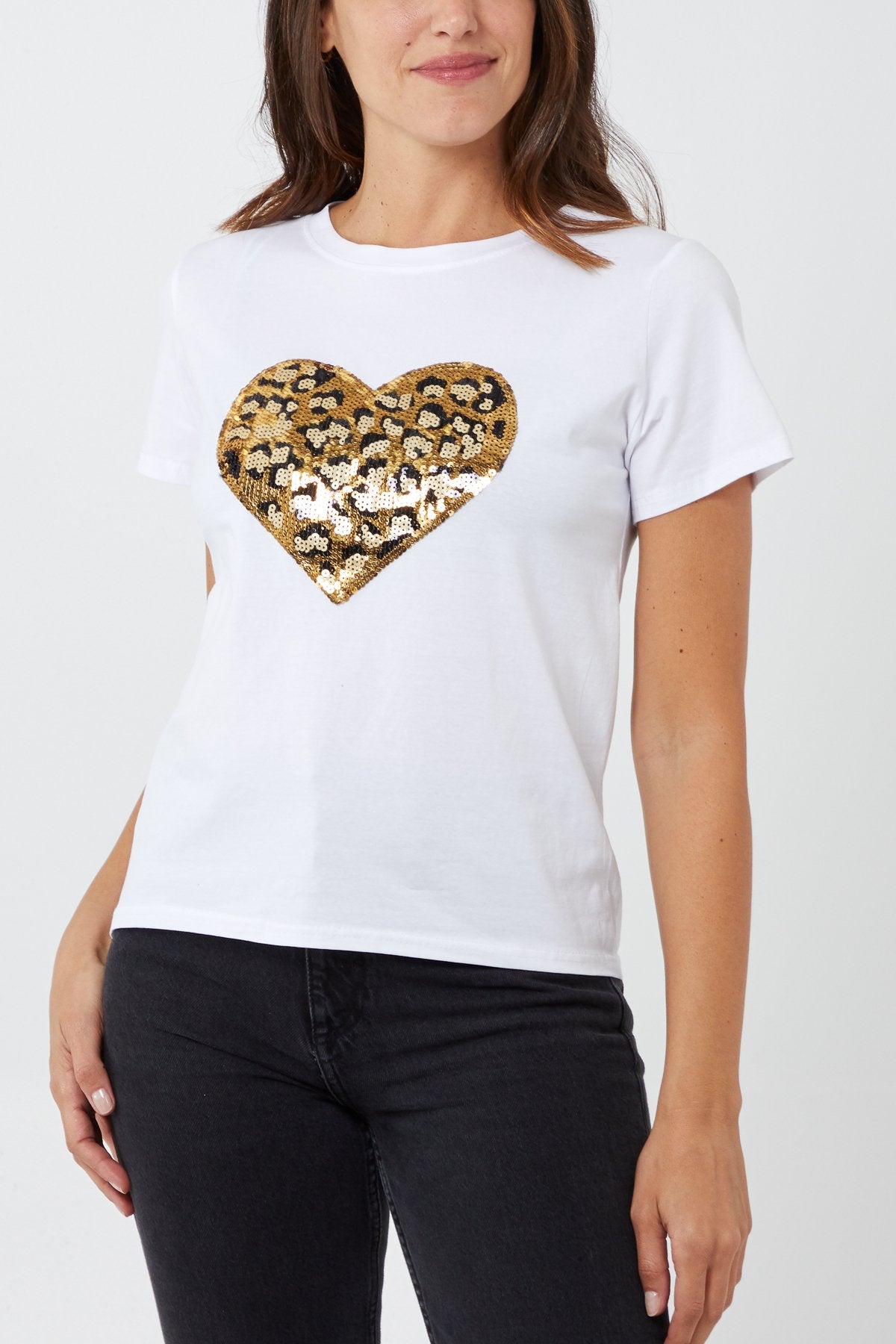 Sequin Leopard Heart T-Shirt White