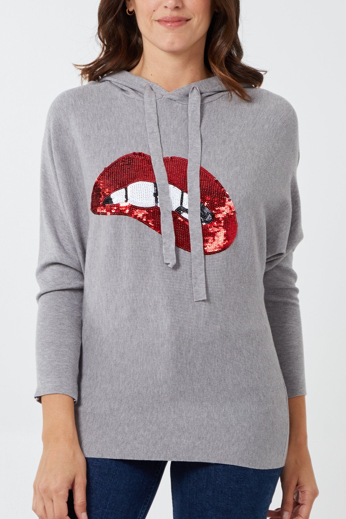 Sequin Lips Batwing Hoodie Grey